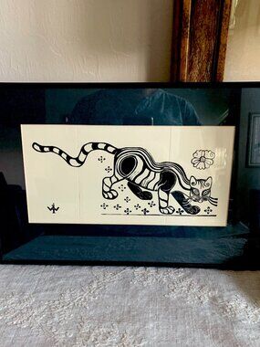 Walter Anderson "Large Mama Cat" Black Block Print Framed Mississippi Folk Art